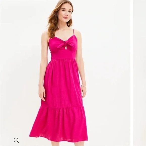 NWT LOFT Beach Tie Front Bow Strappy Linen Blend Midi Dress Hot Pink vacation - Picture 1 of 11